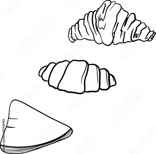 Graphic illustration of the French croissant in three stages of production, on a white background.