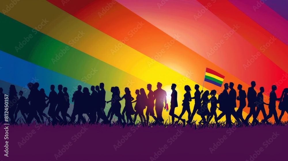 silhouette of a parade of gays and lesbians with a rainbow flag - symbol of love and tolerance silhouette of a parade of gays and lesbians with a rainbow flag - symbol of love and tolerance