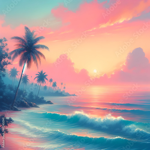 Seashore, palm trees, sunset, waves, clouds, pastel background © Aeronwen