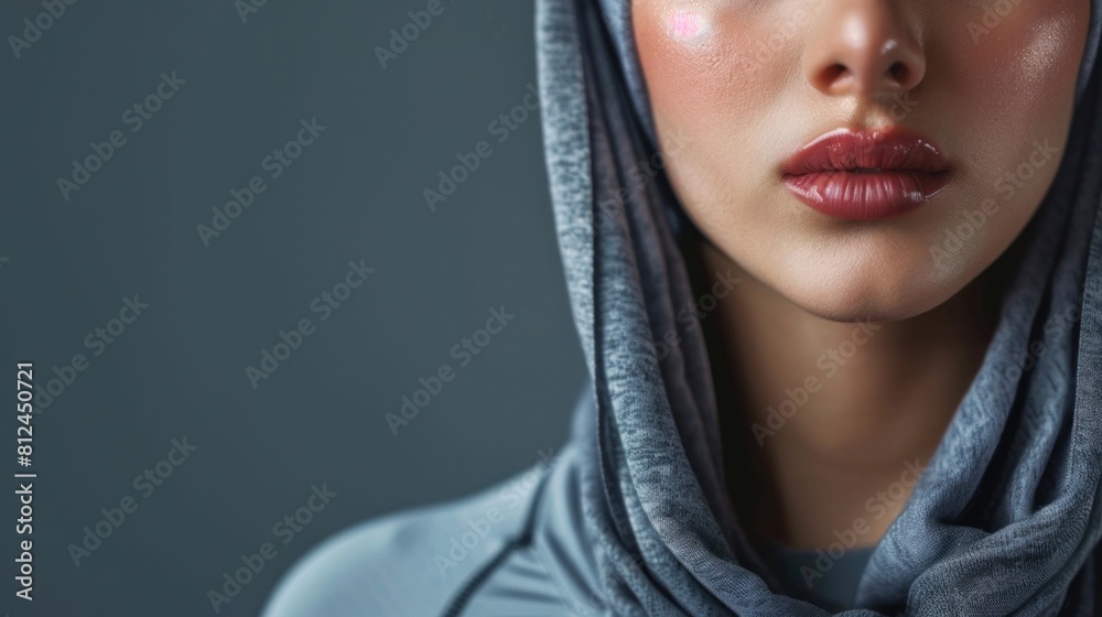 Middle Eastern woman in sports clothes relaxing after exercise on gray background. Middle Eastern woman in sports clothes relaxing after exercise on gray background.