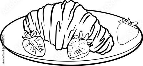 graphic illustration French breakfast croissant with strawberries on a plate on a white background