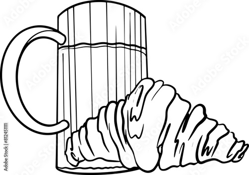 A graphic illustration of a croissant on a white backdrop, with a mug of tea or coffee next to it.