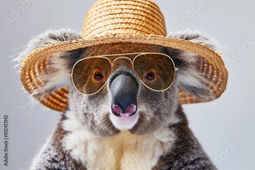 Funny koala wearing summer straw hat and stylish sunglasses photo