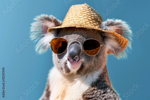 Funny koala wearing summer straw hat and stylish sunglasses