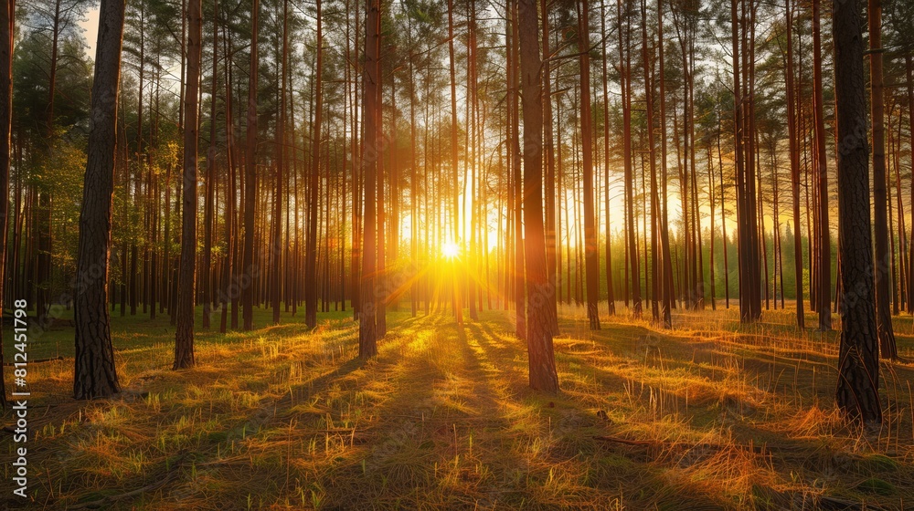 Obraz premium Golden sunset rays streaming through tall pine trees in a tranquil forest, casting long shadows on the forest floor.