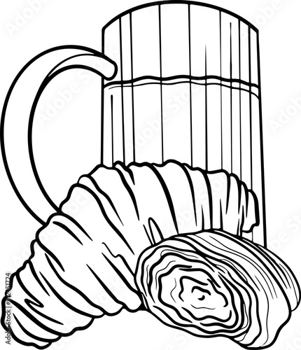 A graphic illustration of a croissant on a white backdrop, with a mug of tea or coffee next to it.