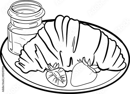 set of illustrations graphics French breakfast with croissants, jam and strawberries
