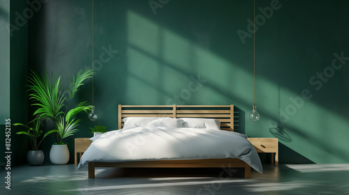 Within a modern bedroom, a stylish bed is positioned against a vibrant green wall, softly lit by ambient lighting that creates a serene atmosphere, minimalist decor characterized by clean lines