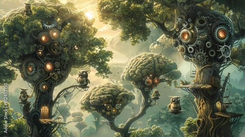 A whimsical illustration showing small mechanical creatures with gear bodies and treeleaf wings nesting in brainshaped trees photo