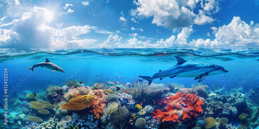 Naklejka premium Above and below surface of the Caribbean sea with coral reef and dolphin underwater and a cloudy blue sky