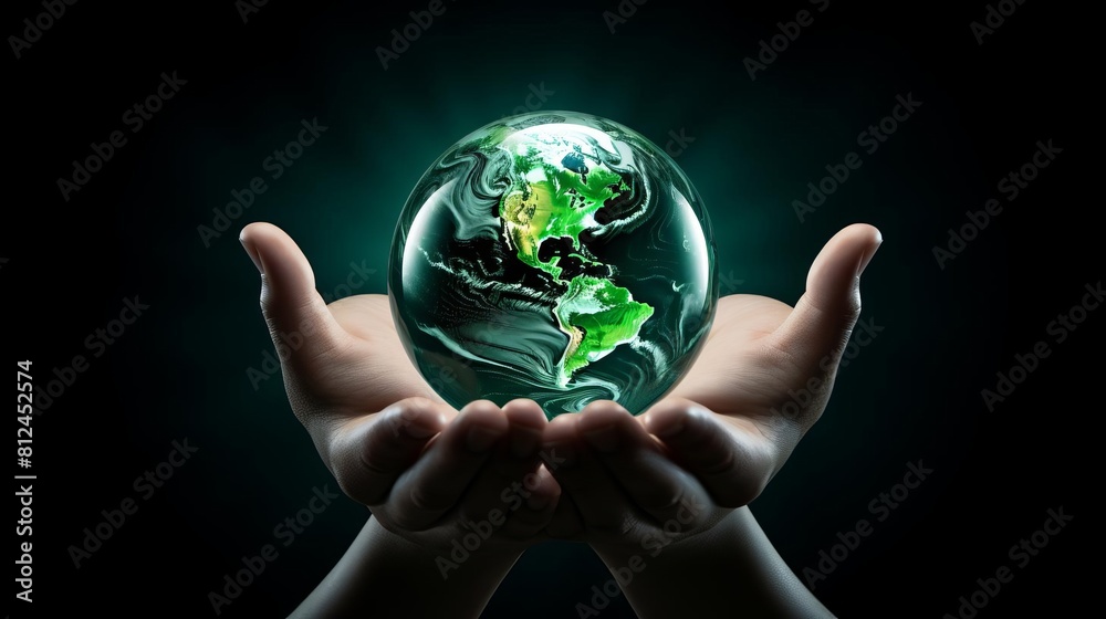 Hands cupping a vibrant green Earth, symbolizing environmental conservation, isolated on a white background