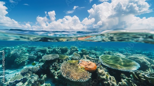 Fototapeta Naklejka Na Ścianę i Meble -  Above and below surface of the Caribbean sea with coral reef  underwater and a cloudy blue sky.