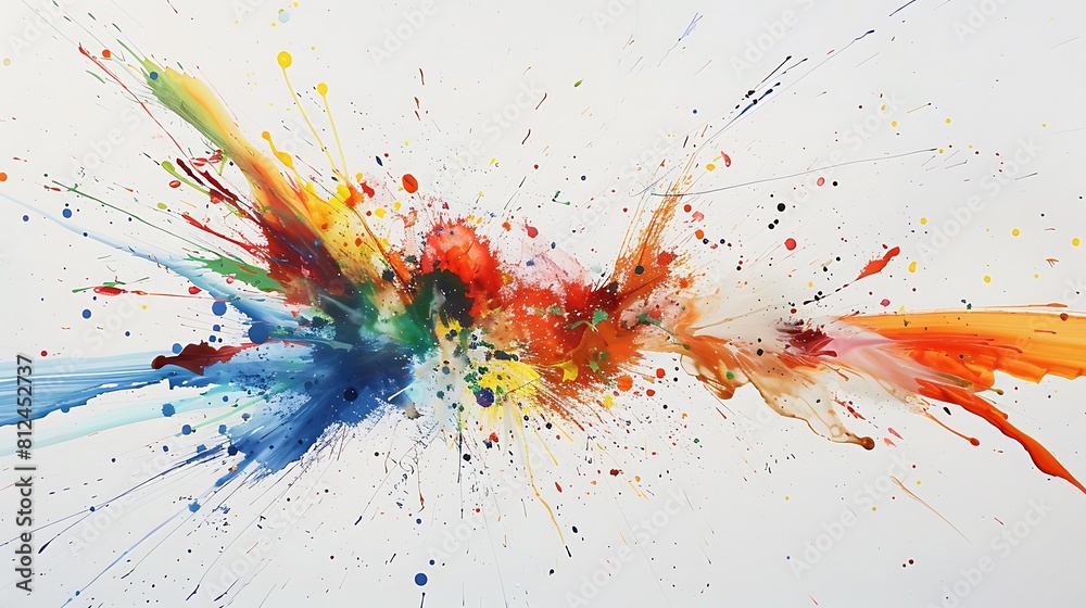 Dynamic bursts of colorful splatter against a clean white canvas, evoking a sense of motion and excitement.
