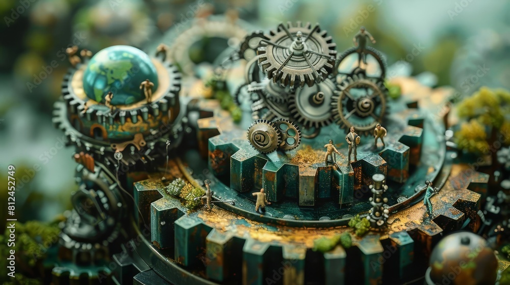 Fototapeta premium A whimsical scene of miniature people living on a gearshaped Earth, maintaining the mechanics to keep it spinning