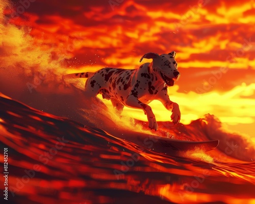 A highdefinition 3D visual of a Dalmatian surfing at sunset with vibrant orange and red hues in the sky  3D rendering