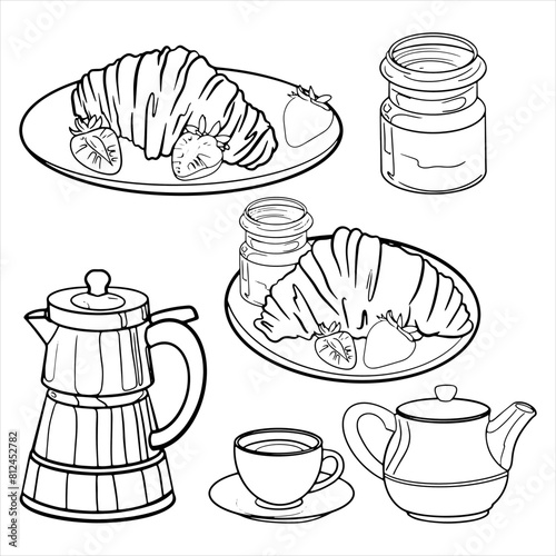 set of illustrations graphics French breakfast with croissants, coffee, tea, jam and strawberries