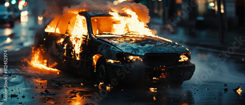 Illuminated fiery car blaze on urban street at night.