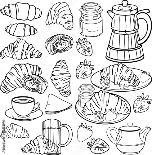 set of illustrations graphics French breakfast with croissants