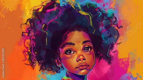 Happy and Colorful Drawing of a Cute African American Girl