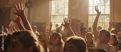 Eager children raise hands in sunlit assembly, a collective curiosity.