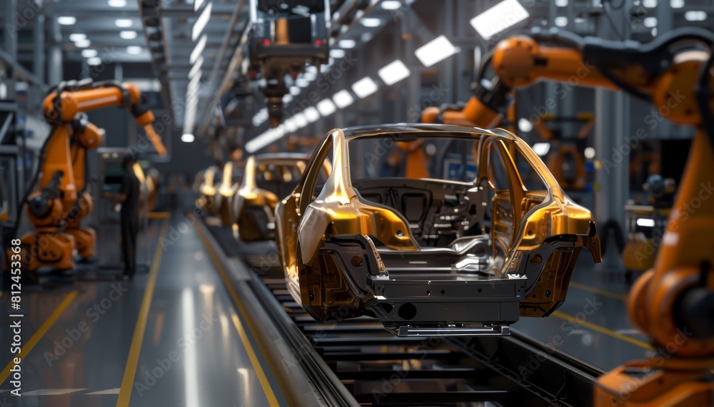 Golden Car Body Assembly with Industrial Robots.