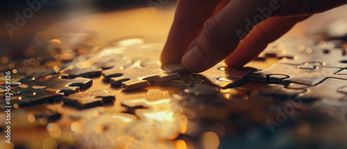 Hand assembling the last pieces of a puzzle in golden hour light.