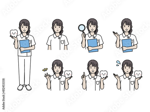 歯医者、歯科衛生士の女性のイラストセット