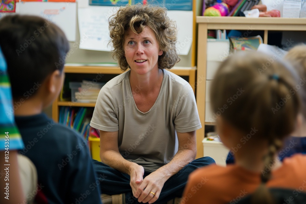 Engaging Educational Environment: Female Teacher Interacting with Young Students in Classroom, Inspiring Learning and Development Engaging Educational Environment: Female Teacher Interacting with Young Students in Classroom, Inspiring Learning and Development