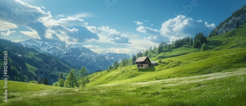 Idyllic alpine cabin amidst lush greenery and snow-capped peaks under a blue sky.