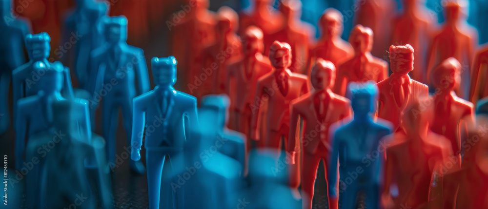 Obraz premium A sea of miniature blue and red figurines, symbolizing societal division or teamwork.