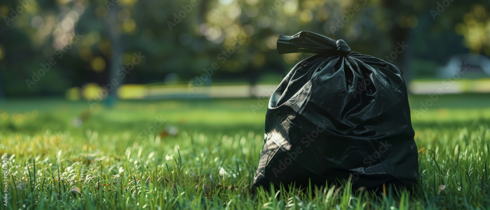 A solitary black trash bag sits on a green lawn, a forgotten chore in nature. A solitary black trash bag sits on a green lawn, a forgotten chore in nature.