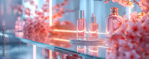 Mirrored Table in a Luxurious Dressing Room Displaying Glamorous Beauty Products with Copy Space