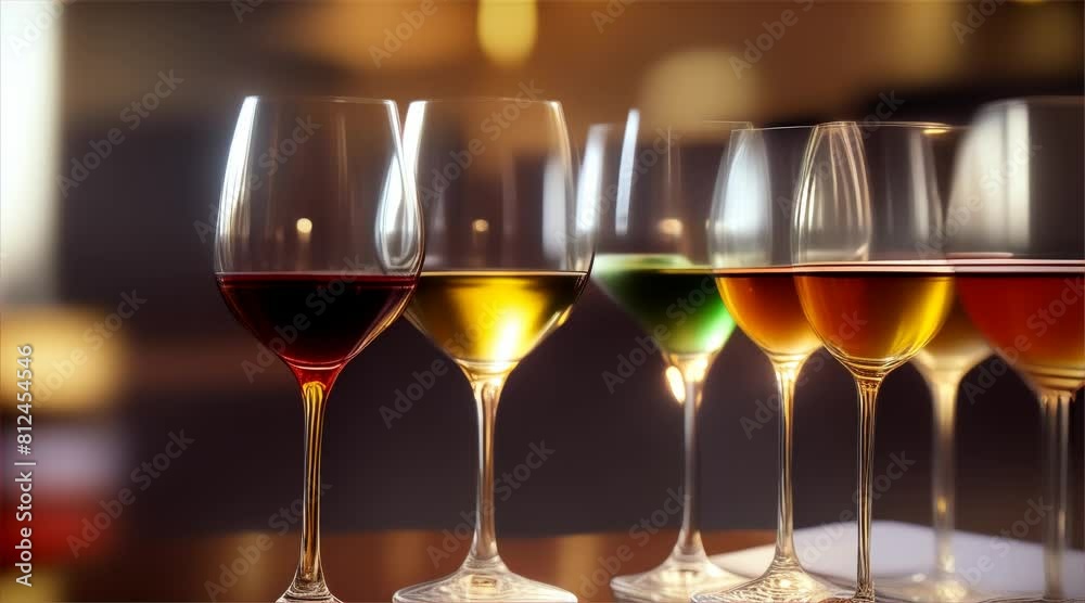 A tasteful display of wine variety, each glass telling its own story through color and shade. Wine drinking culture concept. Apperetes and survivors. A tasteful display of wine variety, each glass telling its own story through color and shade. Wine drinking culture concept. Apperetes and survivors.
