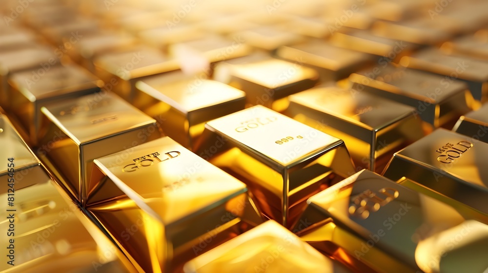 Gold bars stacked in rows concept 3d rendering Gold bars stacked in rows concept 3d rendering