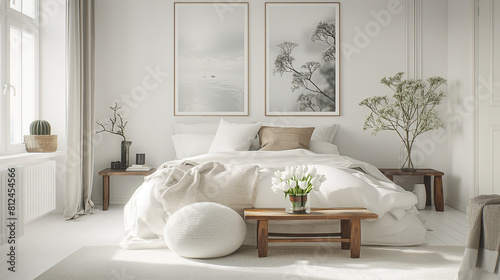 A Scandinavian-style white bedroom interior with minimalist posters above the bed  simple and elegant flowers arranged on a sleek wooden stool and pouf   clean and uncluttered space with neutral tones