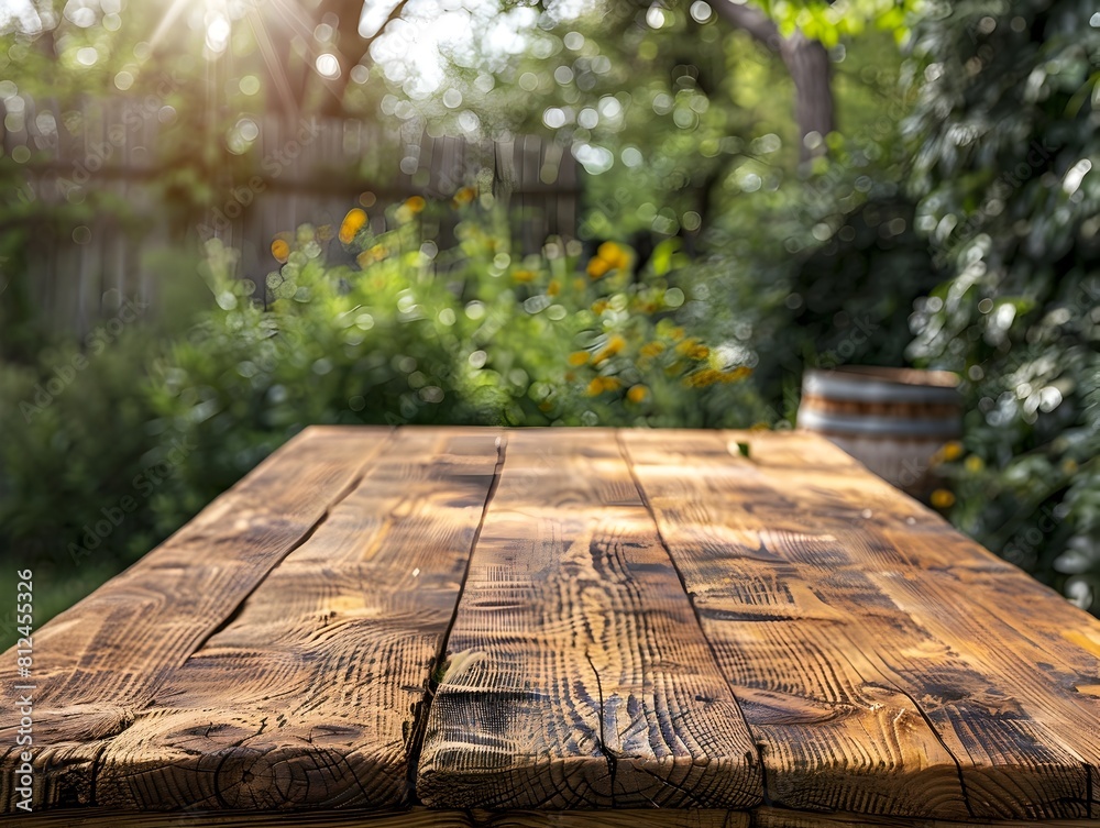 Fototapeta premium Rustic Wooden Table Set Against Blurred Green Garden Background for Product Display