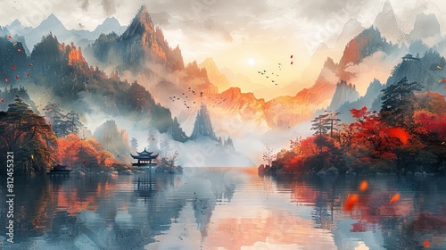 Artistic background. Hand-painted landscape painting in Chinese style, with golden texture. Ink landscape painting. Modern art printed on wallpapers, posters, murals, carpets, etc. photo