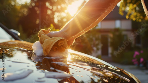 Man hands holding a washcloth and cleaning a car on a sunny summer day photo