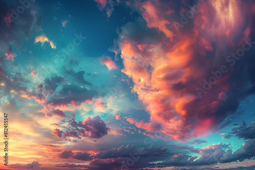 panorama of cloudscape at sunset with vivid and dreamy colors on sky