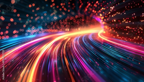 Vibrant IT roadmap, panoramic, digital streams and nodes, highcontrast, path of innovation