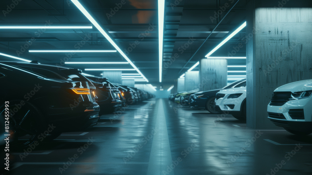 Neon lights cast a sci-fi ambiance in an underground parking lot filled with sleek vehicles. Neon lights cast a sci-fi ambiance in an underground parking lot filled with sleek vehicles.