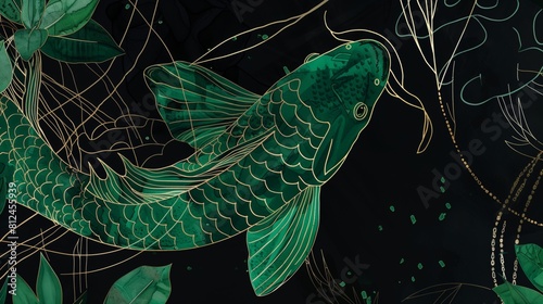 A green koi fish with a light black background featuring gold lines and leaves, website background, design template, empty space