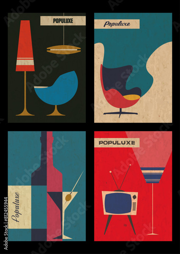 Mid Century Modern Furniture Poster Set. Populuxe Style Chair, Lamp, Floor Lamp, TV Set. Space Age 1950s - 1960s Shapes and Colors, Aged Paper Texture Pattern 