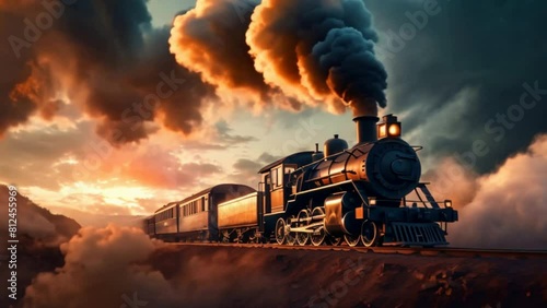 A vintage steam powered railway train in smoke. Steam locomotive with wagon drives in steam and smoke. photo