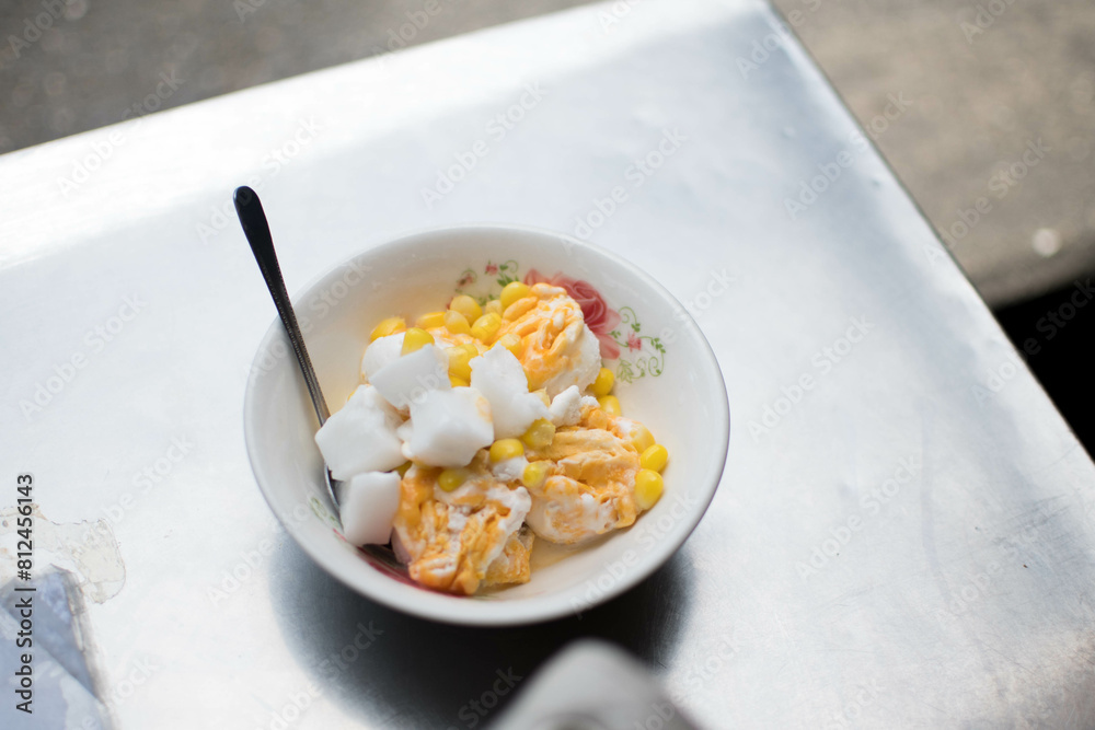 Hard egg coconut ice cream. Ice-cream with fresh coconut milk and hard eggs. Hard egg coconut ice cream. Ice-cream with fresh coconut milk and hard eggs.