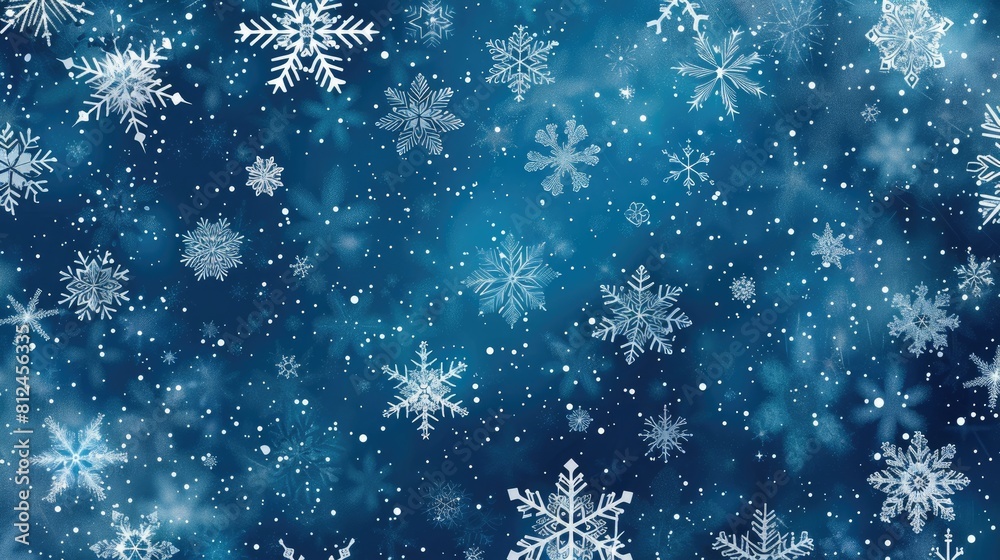 A blue sky with snowflakes falling on it. The snowflakes are scattered all over the sky, creating a peaceful and serene atmosphere A blue sky with snowflakes falling on it. The snowflakes are scattered all over the sky, creating a peaceful and serene atmosphere
