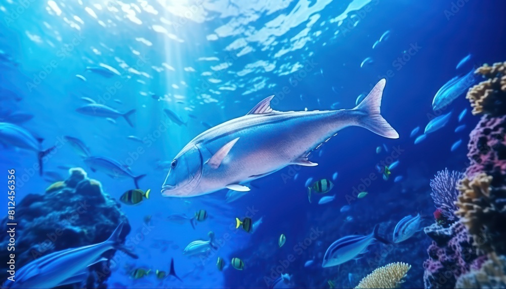 Fototapeta premium Groups of giant Tuna fish in the underwater, coral reef, amazing underwater life, various fish and exotic coral reefs, ocean wild creatures background