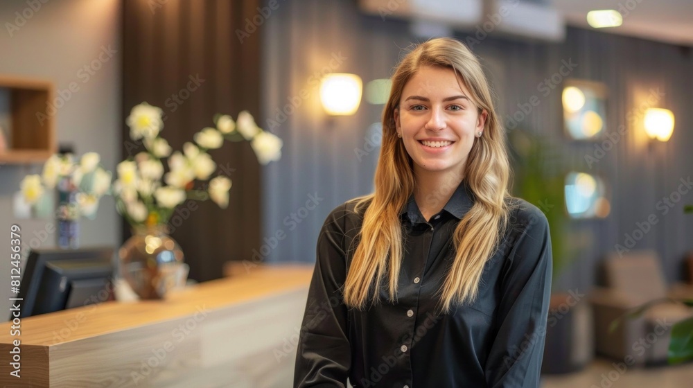 A happy female hotel receptionist standing in the office. A happy female hotel receptionist standing in the office.