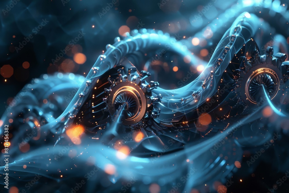 An abstract rendering of electric waves morphing into metallic gears against a dark background
