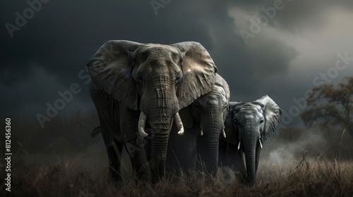 This powerful image showcases a close-knit family of African elephants in a dramatic, moody lighting